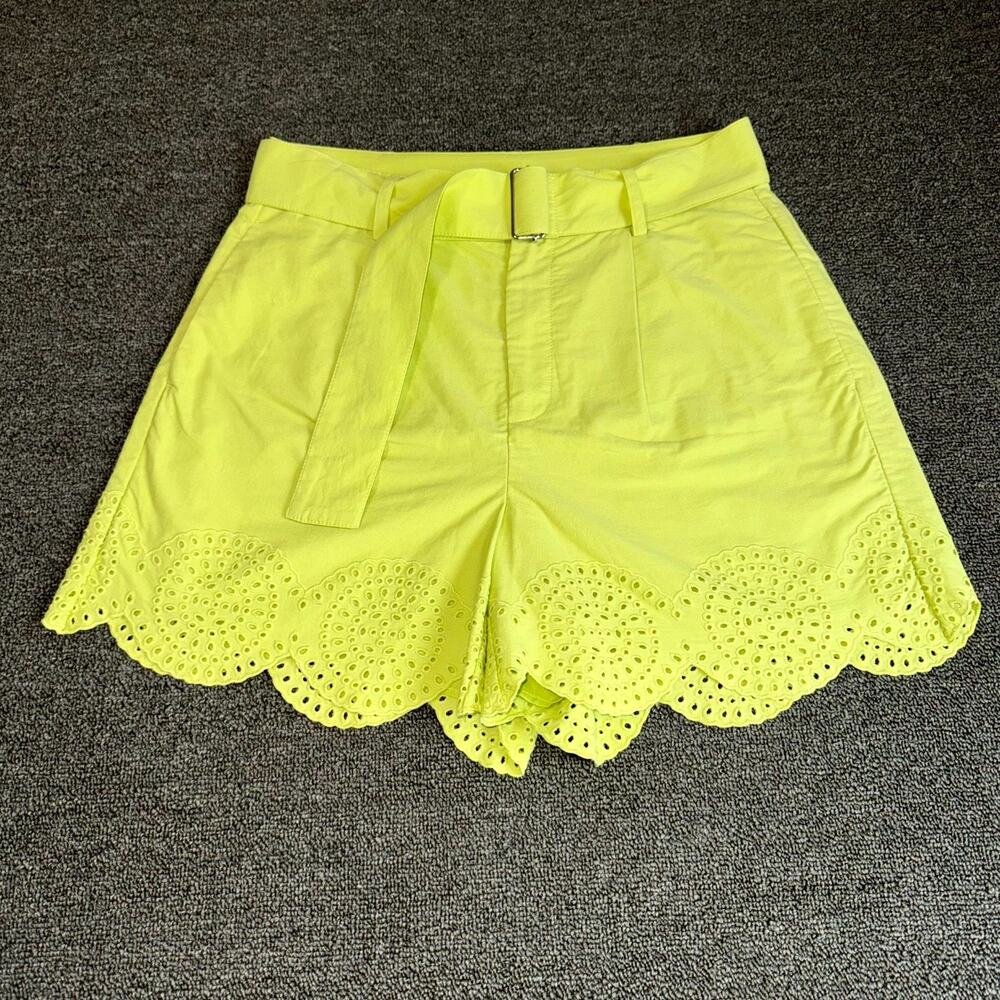 INC International Concepts Shorts Womens 6 Lime Yellow Belted Eyelet Scallop Hem